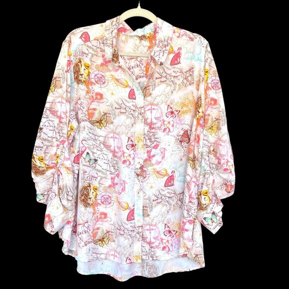 Jane + Delancey Shirt Womens 1X Multicolor Map Butterfly Lion Print Rayon Blouse - Picture 1 of 9